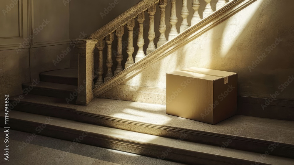 Aufkleber cardboard box resting on stairs with soft sunlight illuminating the scene and highlighting architect