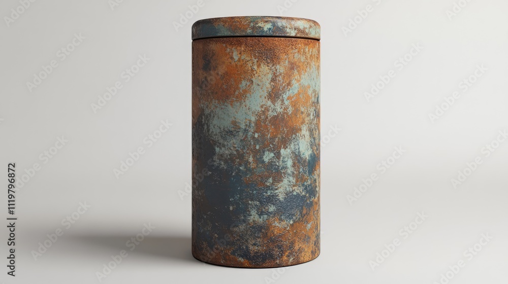 Aufkleber rustic cylindrical container with a textured surface featuring blue and rust hues, illuminated again