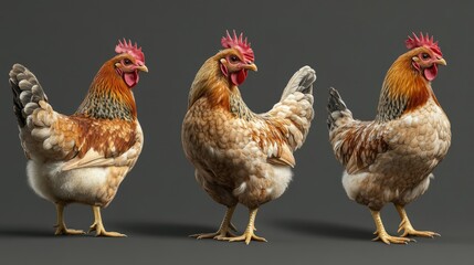 Fototapeta premium Lively collection of laying hens in different poses showcasing vibrant colors and textures set against a neutral background.