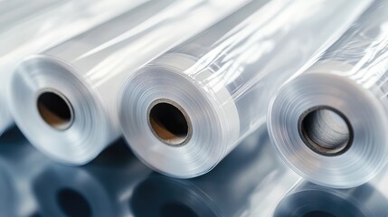 Fototapeta premium Close-up view of multiple transparent plastic film rolls arranged on a reflective surface, highlighting their textures and details with a white background, packaging, material, industrial use.