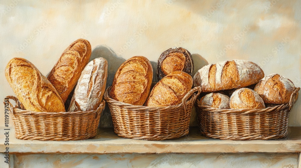 Poster artisan bread displayed in rustic baskets on a shelf showcasing a variety of freshly baked loaves re
