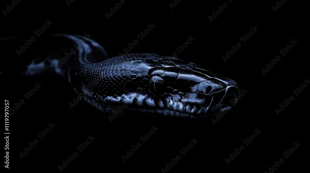 Poster close up of a ball python with intricate scales highlighted against a dark background emphasizing it