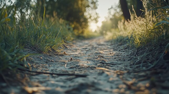 Close-up view of a trampled dirt path leading into a lush green forest during spring morning, illuminated by soft sunlight, nature, outdoor scenery, tranquil environment.