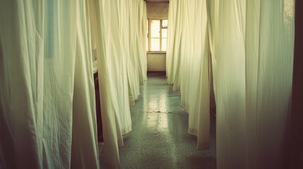 Maternity hospital emergency room featuring flowing curtains creating a serene atmosphere in a healthcare setting