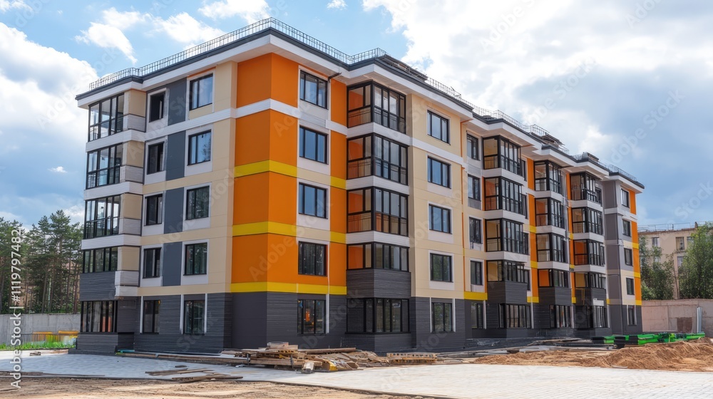 Poster colorful modern multi-story residential building with large windows and stylish architecture in urba