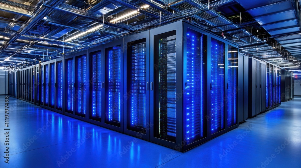 Poster futuristic data center with high-tech server racks and illuminated blue lighting, showcasing modern 