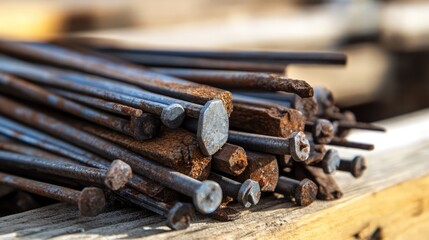 Closeup of a wooden pile with rusty nails showcasing texture and aged materials in a construction or renovation context