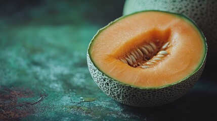 Fresh half cantaloupe melon on textured green background showcasing juicy orange flesh and seeds inside. Perfect for healthy food concepts.