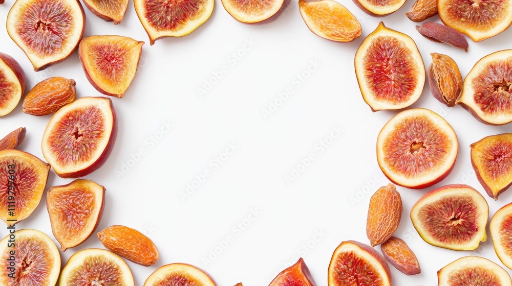 Poster dried figs and almonds arranged in a circular frame on white background with negative space for text