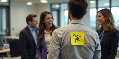 Obraz premium Humorous workplace scene with a woman laughing at a man with a 
