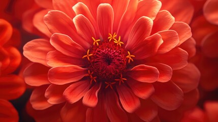 Obraz premium Vibrant closeup of a blooming red zinnia flower showcasing intricate petal details and pollen perfect for wallpapers and illustrations