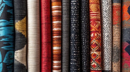 Colorful collection of upholstery fabric samples showcasing diverse textures and patterns for interior design inspiration