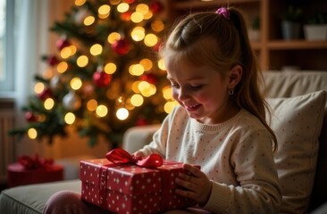 A girl opens a Christmas present by the Christmas tree