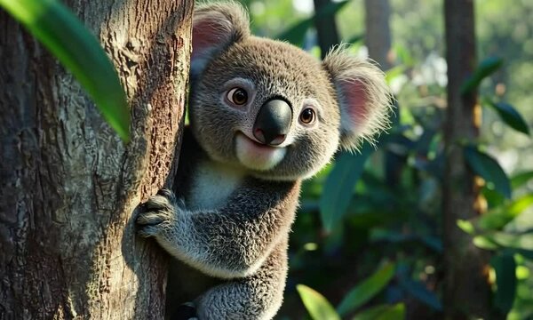 A cute animated koala clings to a tree, showcasing a playful and friendly expression.