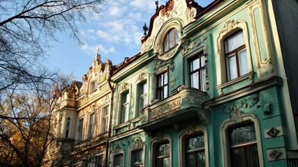 Fototapeta premium Charming Historic House Facades with Intricate Architectural Details and Soft Lighting