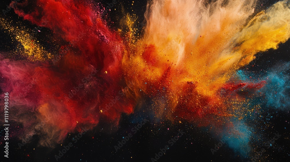 Poster vibrant explosion of colored powder against a black background creating an abstract and dynamic visu