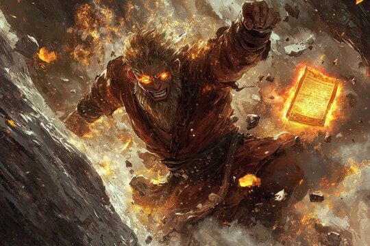 Monkey King Trapped under the Mountain: The Monkey King imprisoned beneath a massive mountain, his eyes burning with determination as he struggles against the weight of the boulder, with ancient scrip