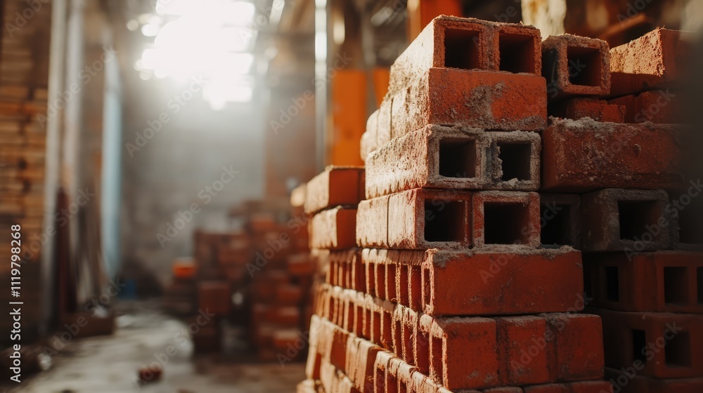 Poster closeup view of stacked red bricks in a dimly lit building under construction showcasing building ma