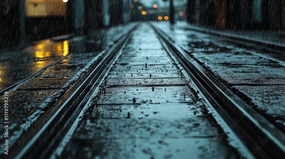 Poster tramway tracks reflecting lights during rainfall creating a moody urban atmosphere with blurred back
