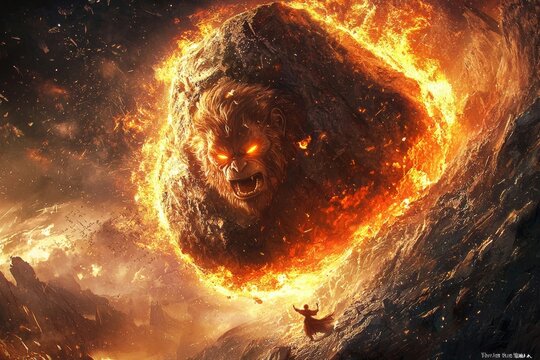Monkey King Trapped under the Mountain: The Monkey King imprisoned beneath a massive mountain, his eyes burning with determination as he struggles against the weight of the boulder, with ancient scrip