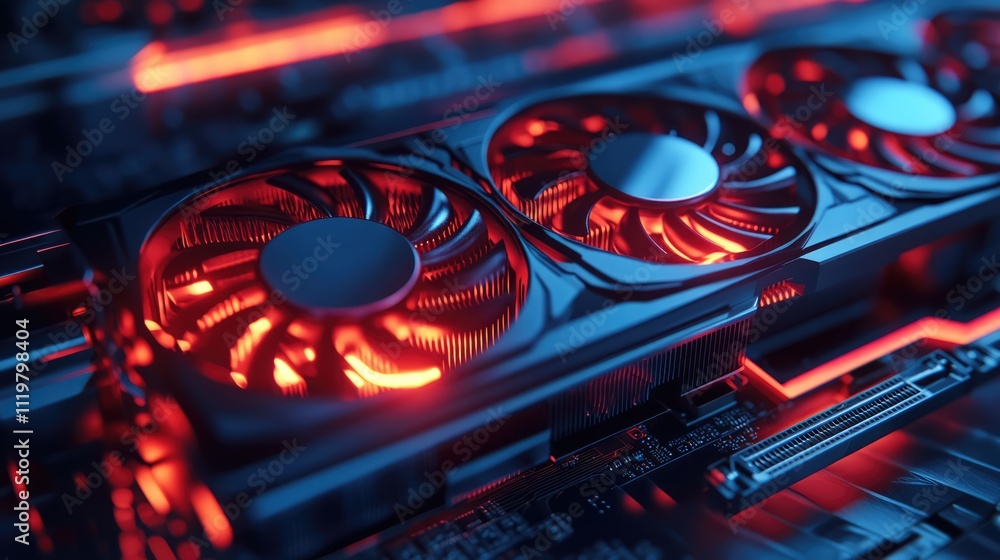 Poster detailed close up of a computer graphics card with illuminated fans showcasing advanced technology a