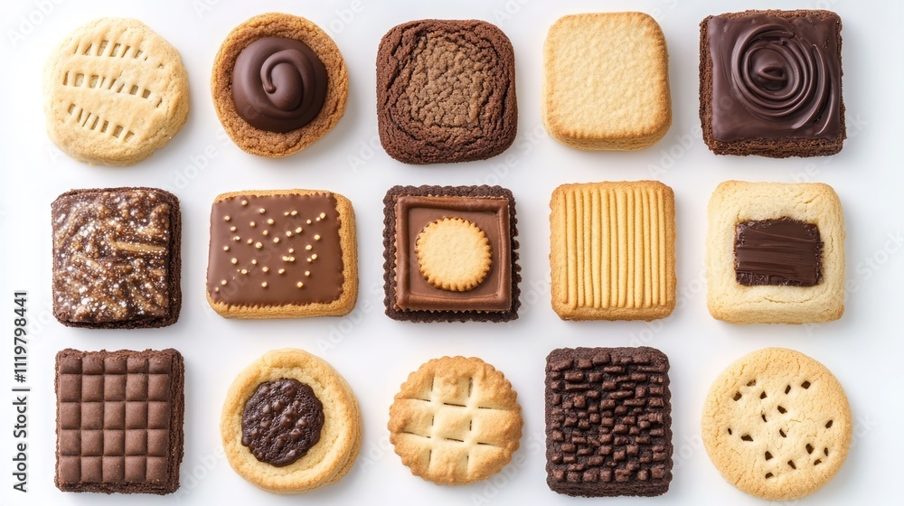 Poster assorted cookies arranged neatly on a clean white background, featuring various shapes and textures,
