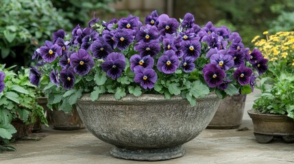 Vibrant purple pansies in a rustic garden pot showcasing the beauty of spring blooms and lush greenery in a serene outdoor setting