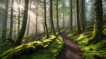 Obraz premium A Peaceful Walk in a Misty Green Forest