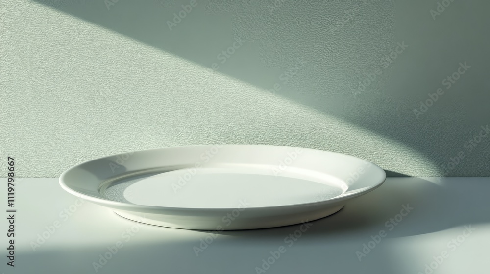 Poster minimalist clean white plate with soft drop shadow on light background highlighting simplicity and e