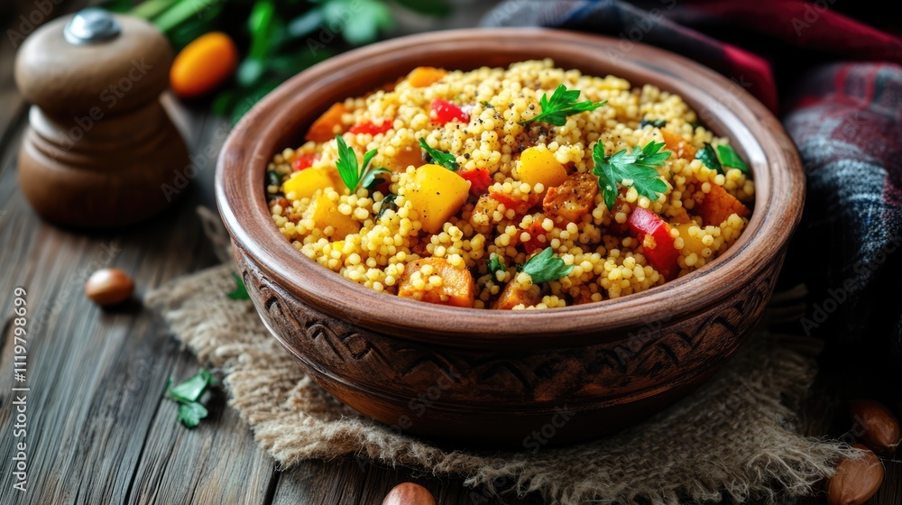 Poster couscous salad with vegetables in a rustic clay bowl on wooden table with selective focus and warm t