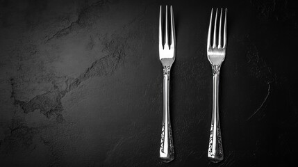 Elegant black background featuring two ornate silver forks for gourmet dining and culinary presentations
