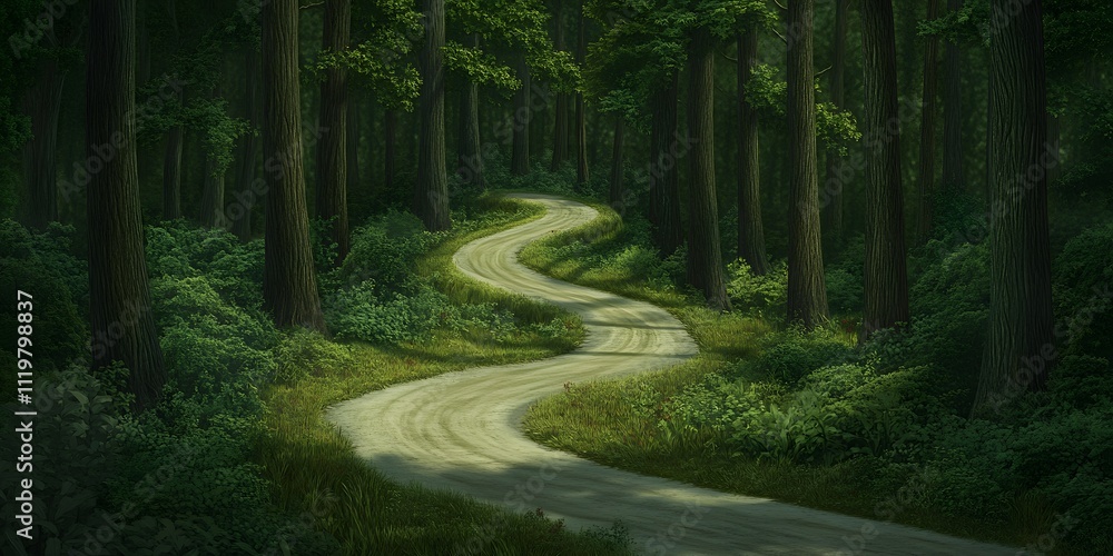 Poster a winding path through a dense forest, illuminated by soft light.