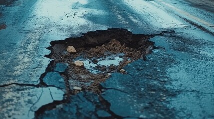 Damaged asphalt road surface featuring a large pothole filled with debris, illustrating deterioration and need for urgent repair, infrastructure, transportation, urban maintenance.