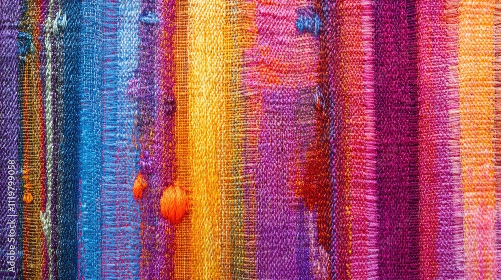Poster vibrant textile patterns showcasing intricate details of homemade silk weaving on a traditional loom
