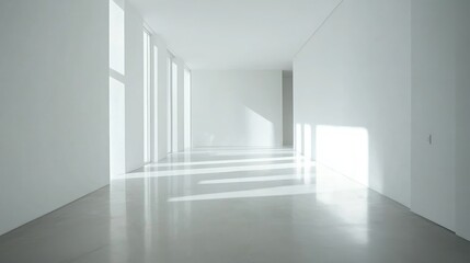 Spacious empty room featuring white walls and large windows with natural light casting shadows on the polished floor