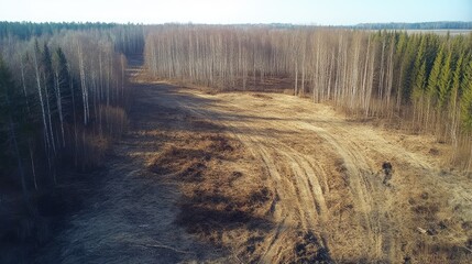 Aerial view of a forest clearing showing a wood harvesting site with stripped trees and natural landscape remnants.