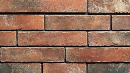 Closeup view of textured red brick wall with visible cement joints ideal for use in banners posters...