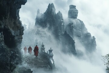 Sun Wukong leading the way for Tang Sanzang and his companions through a mystical, fog-covered mountain pass, with ancient statues and mythical creatures hidden in the shadows