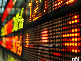 Stock market trading display financial district digital screen urban environment close-up view...