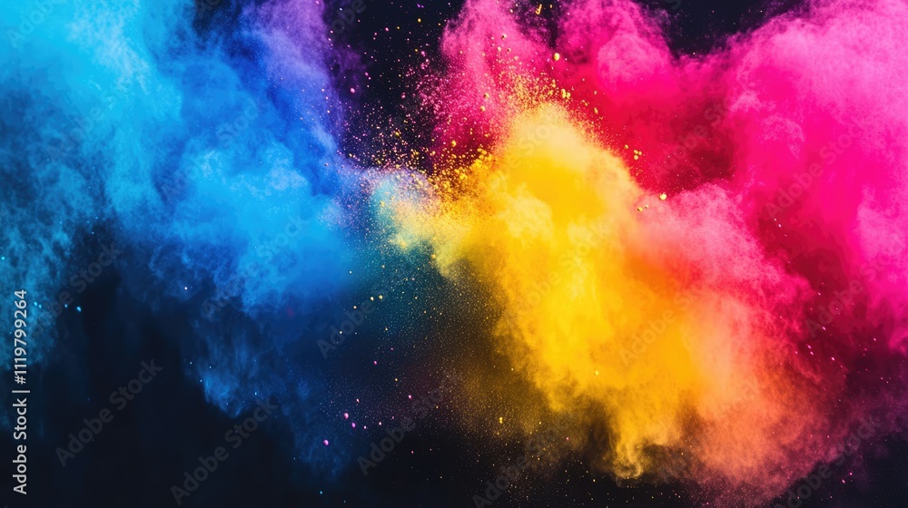 Poster vibrant explosion of colored powder creating an abstract backdrop against a dark background showcasi