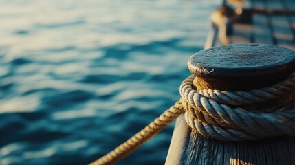 Obraz premium Rustic mooring bollard close up with intertwined ropes on a tranquil port quay reflecting serene water background in sunny daylight.