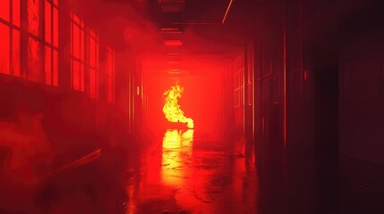 Emergency fire drill scenario in a dark corridor with smoke and flames creating a dramatic safety awareness atmosphere for training purposes