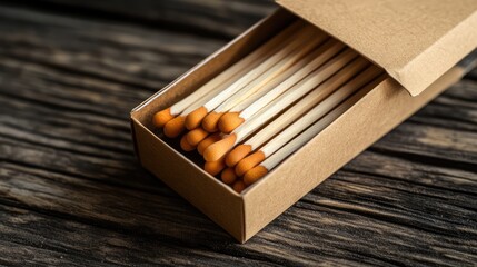 Empty matchbox with wooden matches inside on rustic wooden surface ready for text or branding design. Perfect for promotional material.