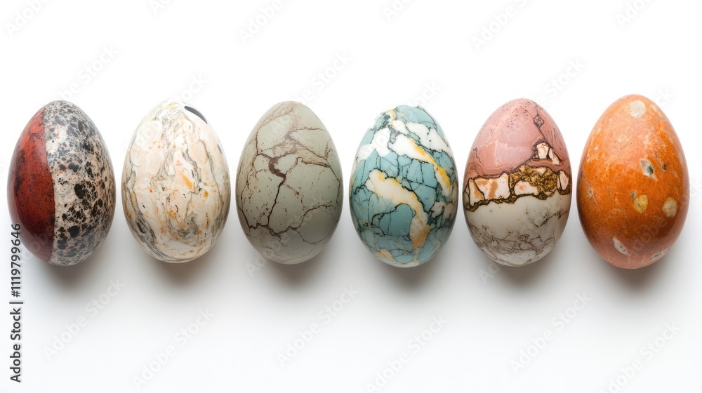 Poster decorative easter eggs in various colors and patterns displayed on a white background for festive de