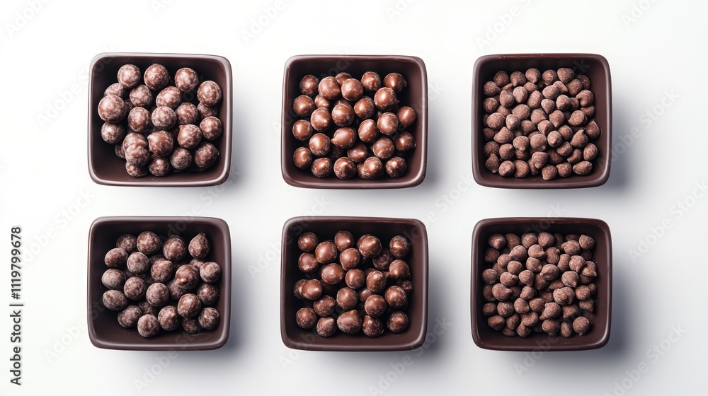 Poster assorted coated chocolate candies in five square bowls arranged neatly on a white background viewed 