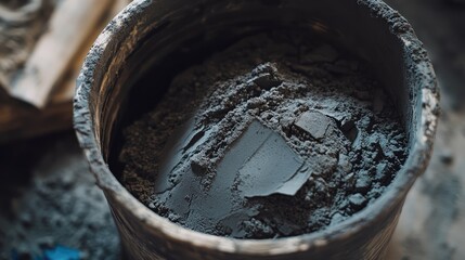 Close-up of a bucket filled with dry powder putty for wall finishing, showcasing the textured surface of the mixture, construction materials, home improvement, selective focus, building supplies.