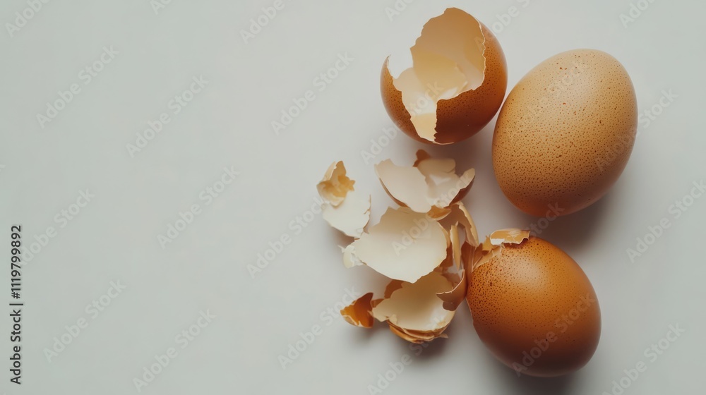 Poster chicken eggs with broken shells arranged on a white background showcasing texture and natural colors
