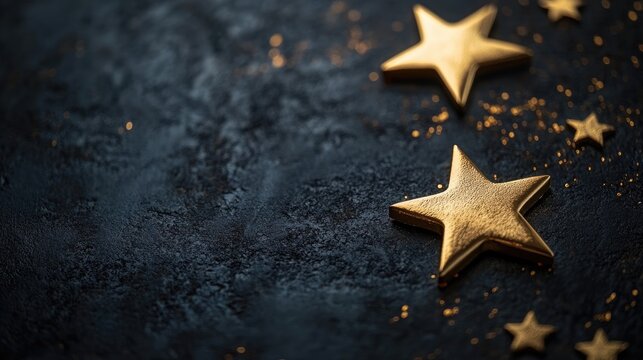 Customer feedback concept with five golden stars on dark background representing ratings and customer service satisfaction