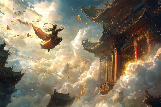 Sun Wukong wreaking havoc in the Heavenly Palace, with jade pillars breaking and celestial beings fleeing, capturing the chaos and energy of his rebellious spirit