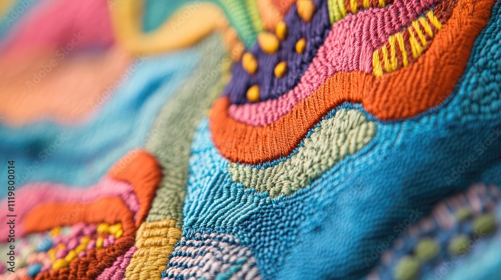 Poster vibrant close-up of intricate embroidered motifs showcasing colorful patterns and textures on fabric
